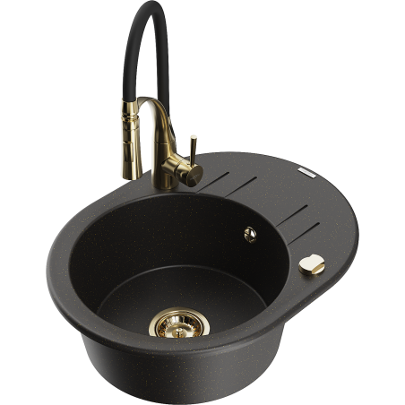 Mexen Kevin évier en granit 1 bac avec égouttoir et robinet de cuisine Aster, noir/or métallique - 6517-75-73450-57-G