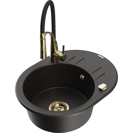Mexen Kevin fregadero de granito de 1 cuenco con escurridor y grifo de cocina Aster, negro/dorado metálico - 6517-75-73450-57-G