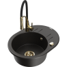 Mexen Kevin single-bowl granite sink with drainer and Aster kitchen tap, black/gold metallic - 6517-75-73450-57-G