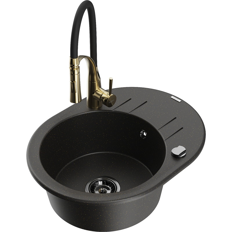 Mexen Kevin fregadero de granito de 1 compartimiento con escurridor y grifo de cocina Aster, negro/metálico dorado