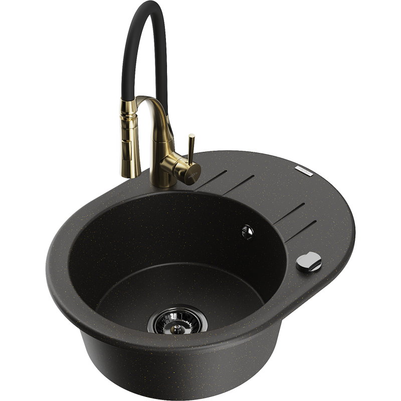 Mexen Kevin fregadero de granito de 1 tazón con escurridor y grifo de cocina Aster, negro/dorado metálico - 6517-75-73450-57-B