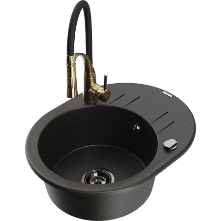 Mexen Kevin granit aanrechtbak 1-kompartement met afdruiprek en keukenmengkraan Aster, zwart/goud metallic - 6517-75-73450-57-B
