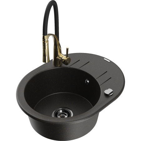 Mexen Kevin granīta virtuves izlietne ar vienu nodalījumu un noteci, un virtuves jaucējkrānu Aster, melns/zeltaina metālika