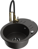 Mexen Kevin granite kitchen sink 1-bowl with drainer and Aster kitchen faucet, black/golden metallic - 6517-75-73450-57-B