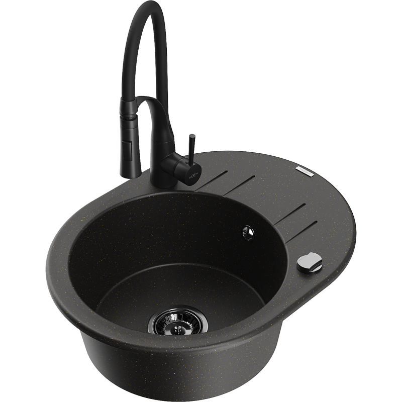 Mexen Kevin fregadero de granito de 1 seno con escurridor y grifo de cocina Aster, negro/metalizado dorado - 6517-75-73450-70-B