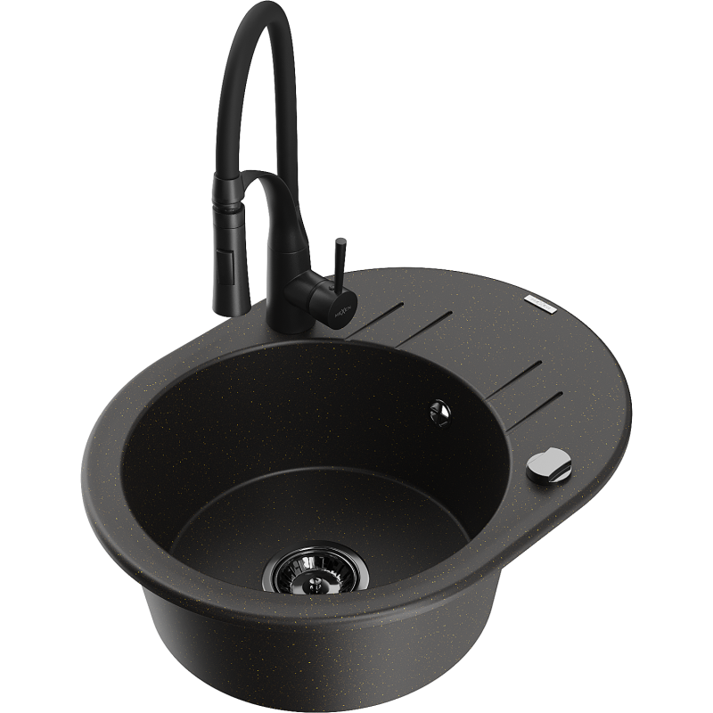 Mexen Kevin Granite Sink 1-Bowl with Drainer and Aster Kitchen Tap, Black/Gold Metallic - 6517-75-73450-70-B