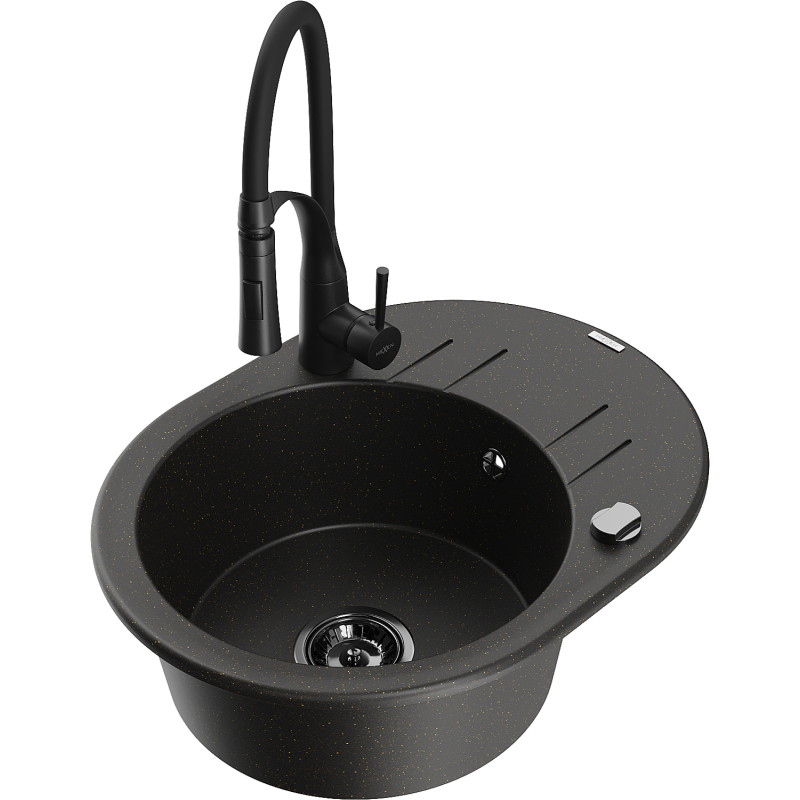 Mexen Kevin granitische spoelbak met 1 bak en afdruiprek en keukenkraan Aster, zwart/goud metallic - 6517-75-73450-70-B