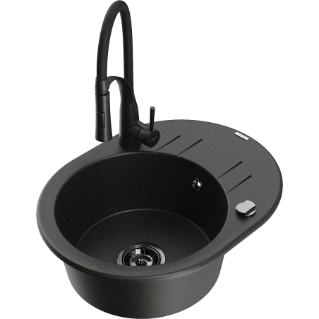 Mexen Kevin Granite Sink 1-Bowl with Drainer and Aster Kitchen Tap, Black/Gold Metallic - 6517-75-73450-70-B