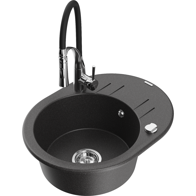 Mexen Kevin fregadero de granito de 1 cubeta con escurridor y grifo de cocina Aster, negro moteado - 6517-76-73450-07