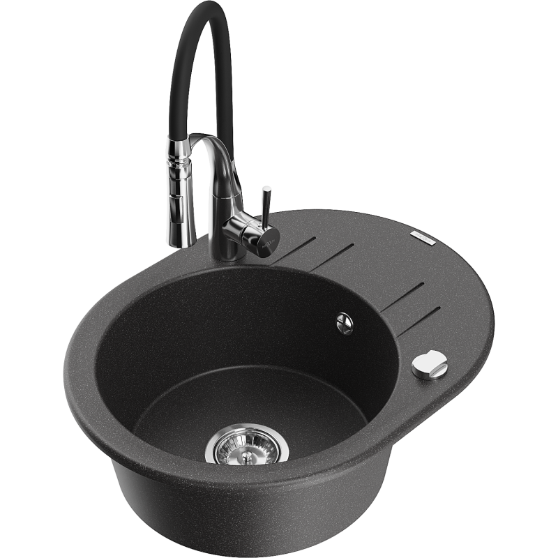 Mexen Kevin granite sink 1-bowl with drainer and Aster kitchen tap, black speckled - 6517-76-73450-07