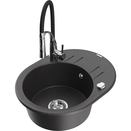 Mexen Kevin granite sink 1-bowl with drainer and Aster kitchen tap, black speckled - 6517-76-73450-07