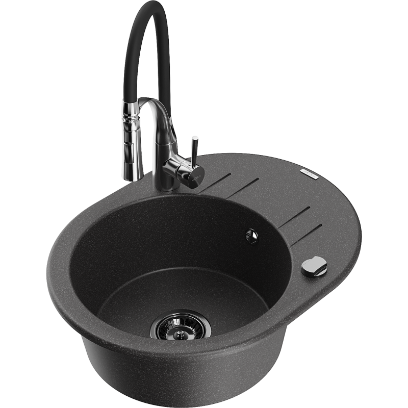 Mexen Kevin granitdiskbänk med 1 kammare med avrinning och köksblandare Aster, svart med prickar - 6517-76-73450-07-B