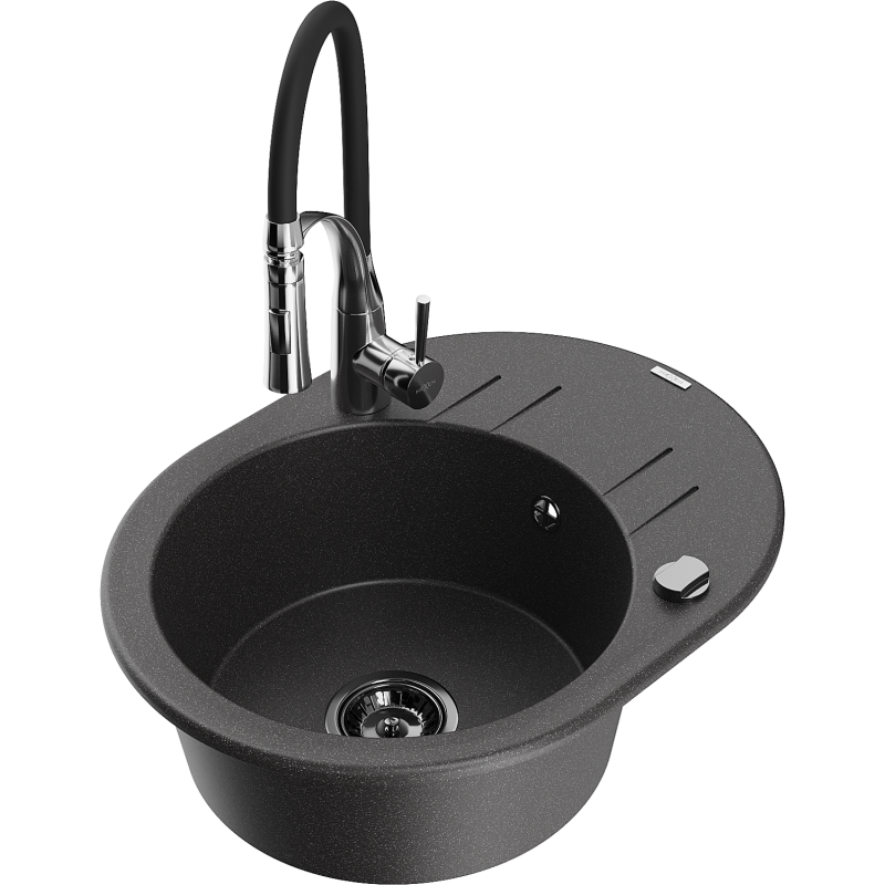 Mexen Kevin granite sink 1-bowl with drainer and Aster kitchen tap, black spotted - 6517-76-73450-07-B