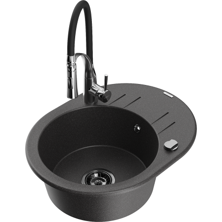 Mexen Kevin granite sink 1-bowl with drainer and Aster kitchen tap, black spotted - 6517-76-73450-07-B