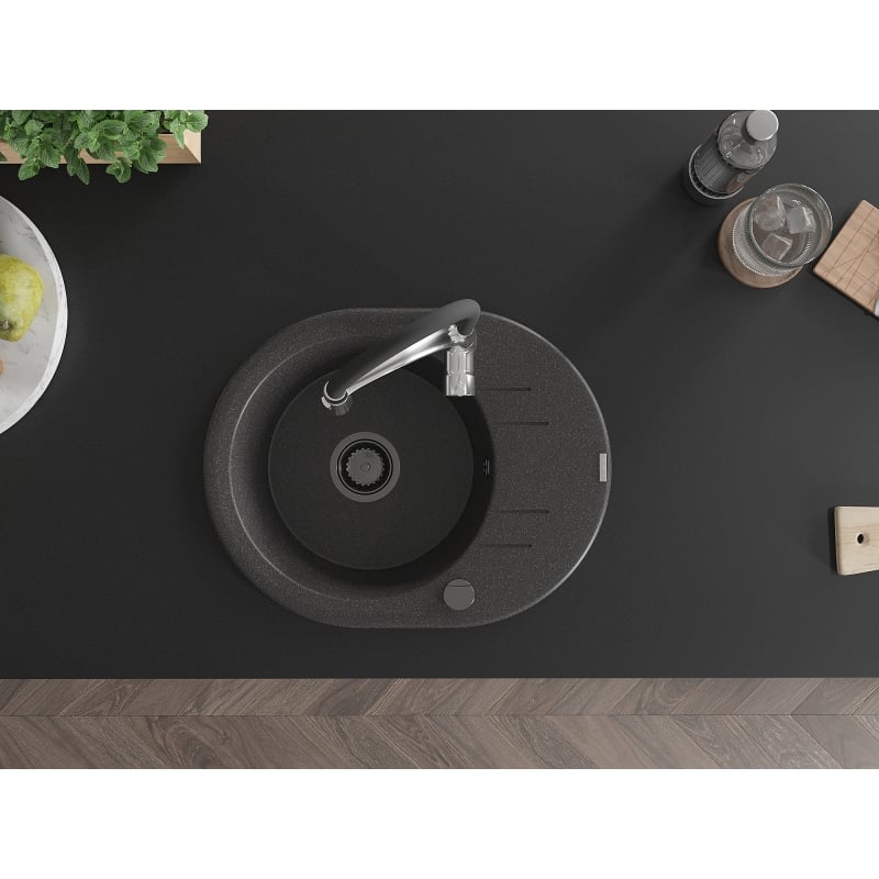 Mexen Kevin 1-bowl Granite Sink with Drainer and Aster Kitchen Faucet, Speckled Black - 6517-76-73450-07-B