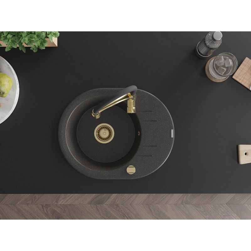 Mexen Kevin granite sink 1-bowl with drainer and Aster kitchen tap, black speckled - 6517-76-73450-57-G