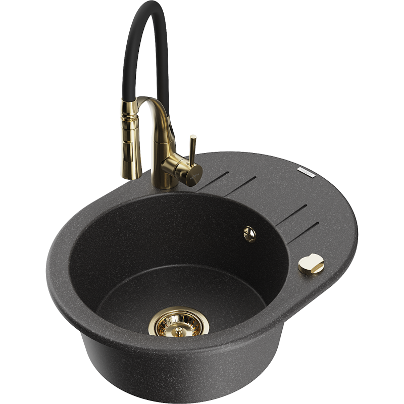 Mexen Kevin granite sink 1-bowl with drainer and Aster kitchen tap, black speckled - 6517-76-73450-57-G