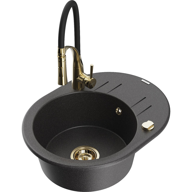 Mexen Kevin lavello in granito a 1 vasca con scolapiatti e rubinetto da cucina Aster, nero maculato - 6517-76-73450-57-G