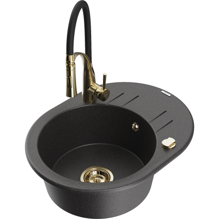 Mexen Kevin granite sink 1-bowl with drainer and Aster kitchen tap, black speckled - 6517-76-73450-57-G