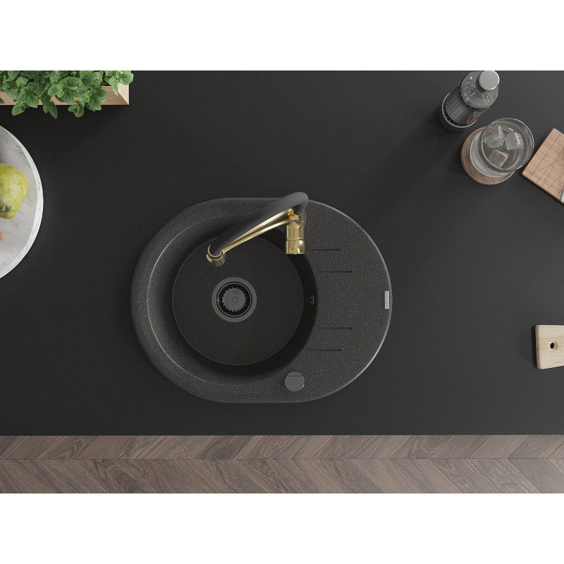 Mexen Kevin fregadero de granito de 1 tina con escurridor y grifo de cocina Aster, negro salpicado - 6517-76-73450-57-B