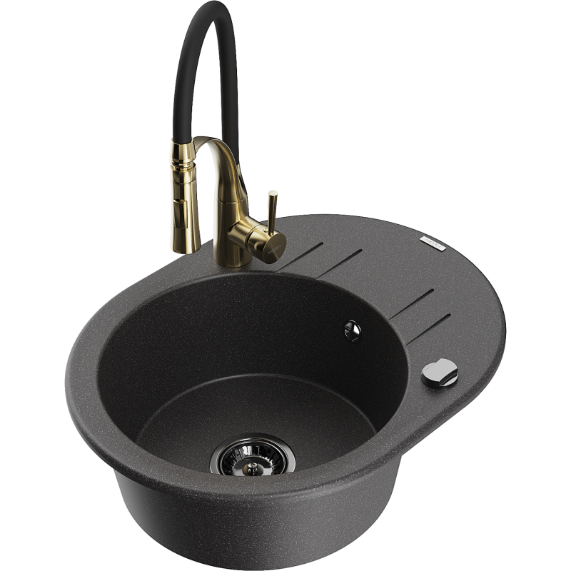 Mexen Kevin fregadero de granito de 1 tina con escurridor y grifo de cocina Aster, negro salpicado - 6517-76-73450-57-B