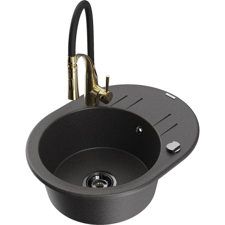 Mexen Kevin 1-bowl granite sink with drainer and Aster kitchen tap, speckled black - 6517-76-73450-57-B