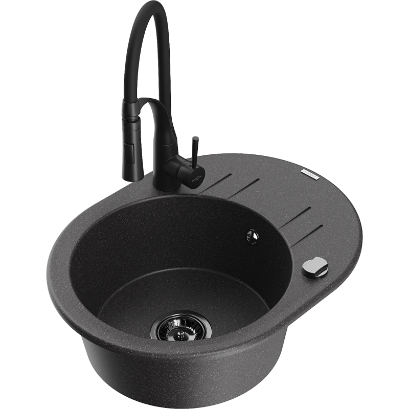 Mexen Kevin fregadero de granito de 1 cuenca con escurridor y grifo de cocina Aster, negro moteado - 6517-76-73450-70-B