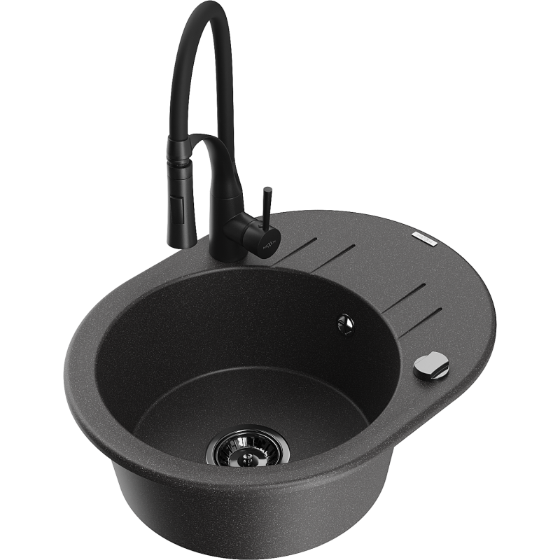 Mexen Kevin granieten gootsteen met 1 bak, afdruiprek en keukenkraan Aster, zwart gespikkeld - 6517-76-73450-70-B