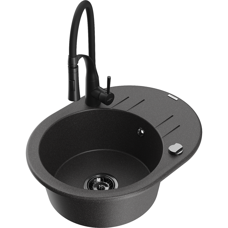 Mexen Kevin granitno pomivalno korito z 1 prekatom s kapljalnikom in kuhinjsko pipo Aster, črno s pikami - 6517-76-73450-70-B