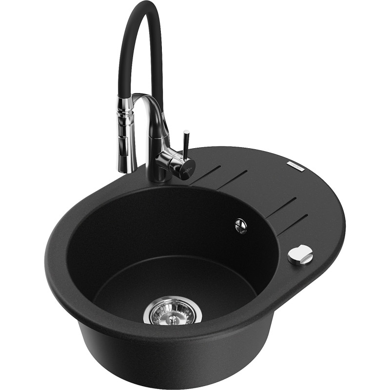 Mexen Kevin fregadero de granito de 1 cubeta con escurridor y grifo de cocina Aster, negro - 6517-77-73450-07