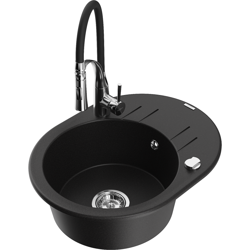 Mexen Kevin fregadero de granito de 1 cuenco con escurridor y grifo de cocina Aster, negro - 6517-77-73450-07
