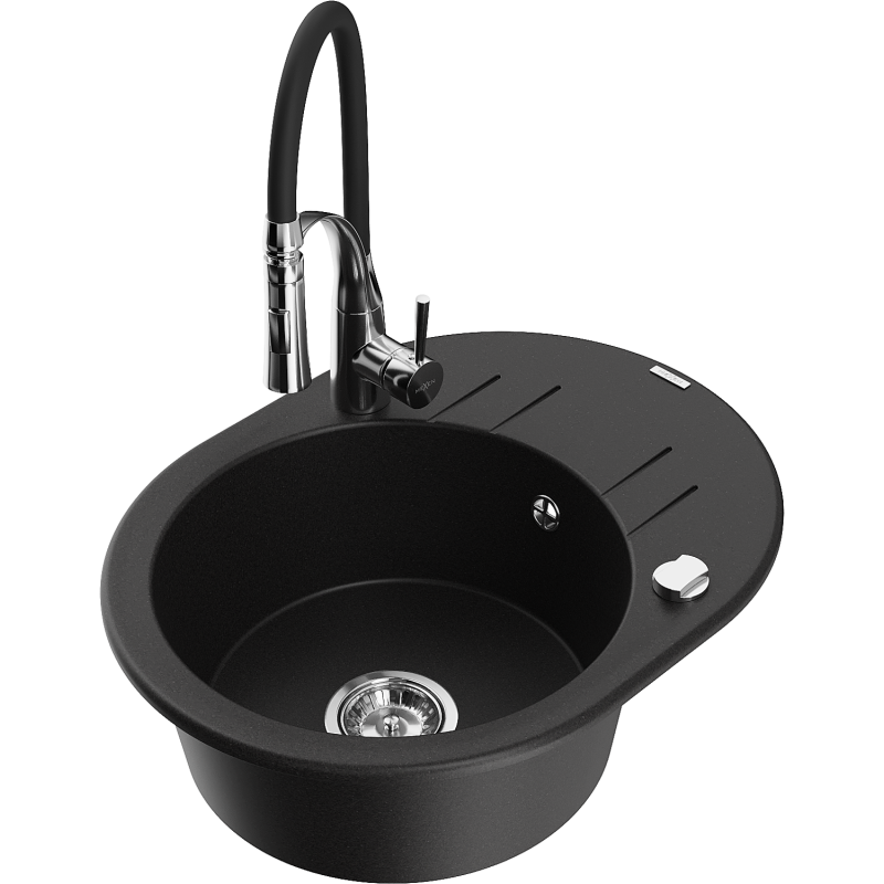 Mexen Kevin granite sink 1-bowl with drainer and Aster kitchen tap, black - 6517-77-73450-07