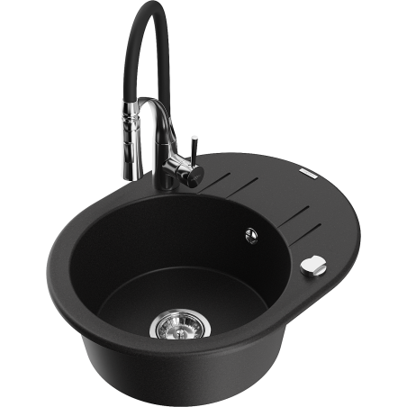 Mexen Kevin granite sink 1-bowl with drainer and Aster kitchen tap, black - 6517-77-73450-07