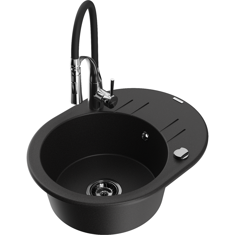 Mexen Kevin fregadero de granito de 1 cubeta con escurridor y grifo de cocina Aster, negro - 6517-77-73450-07-B