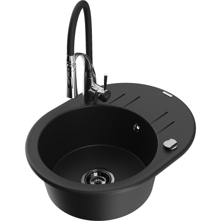 Mexen Kevin Granitspüle 1-Becken mit Abtropffläche und Küchenarmatur Aster, schwarz - 6517-77-73450-07-B