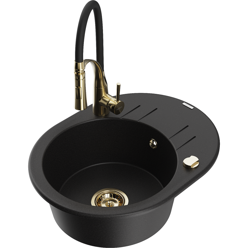 Mexen Kevin fregadero de granito de 1 cubeta con escurridor y grifo de cocina Aster, negro - 6517-77-73450-57-G