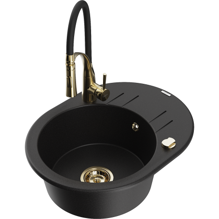 Mexen Kevin lavello in granito 1 vasca con sgocciolatoio e rubinetto cucina Aster, nero - 6517-77-73450-57-G