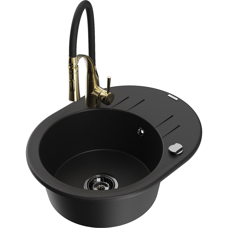 Mexen Kevin fregadero de granito de 1 seno con escurridor y grifo de cocina Aster, negro - 6517-77-73450-57-B