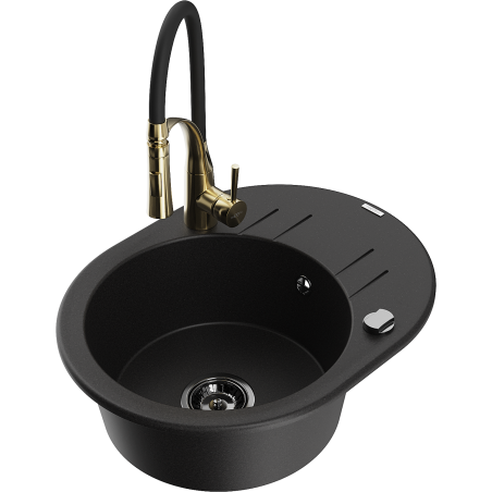 Mexen Kevin Granitspüle 1-beckig mit Abtropffläche und Küchenarmatur Aster, schwarz - 6517-77-73450-57-B