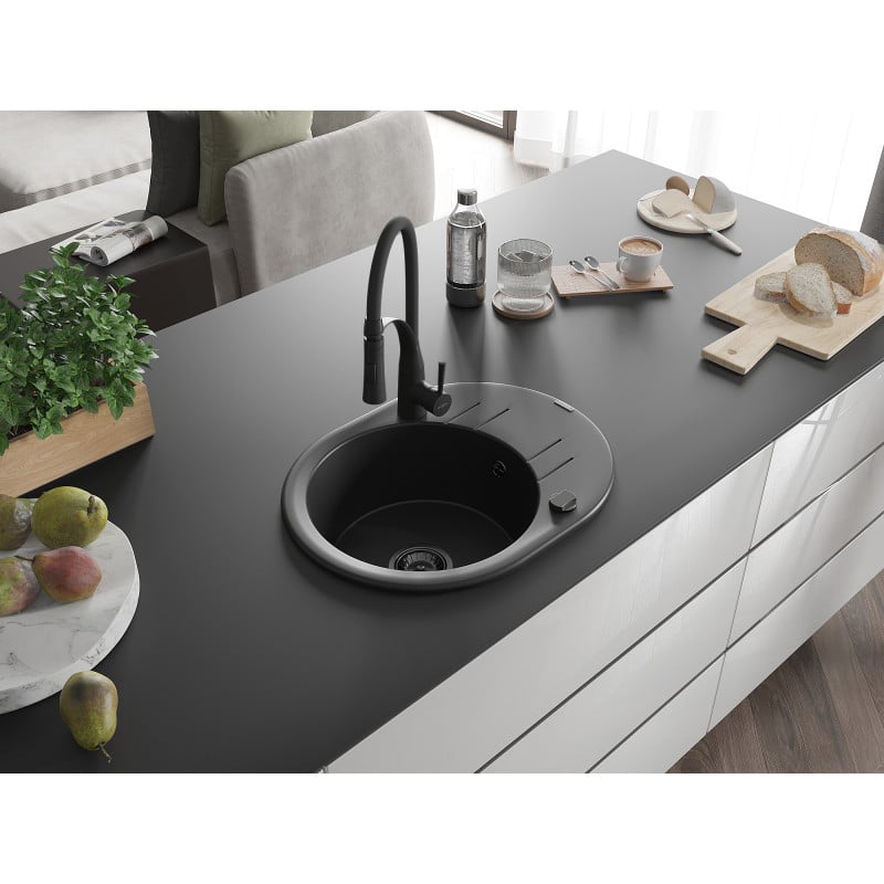 Mexen Kevin fregadero de granito de 1 seno con escurridor y grifo de cocina Aster, negro - 6517-77-73450-70-B