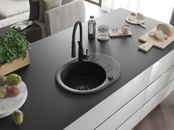 Mexen Kevin granite kitchen sink 1-bowl with drainer and Aster kitchen tap, black - 6517-77-73450-70-B