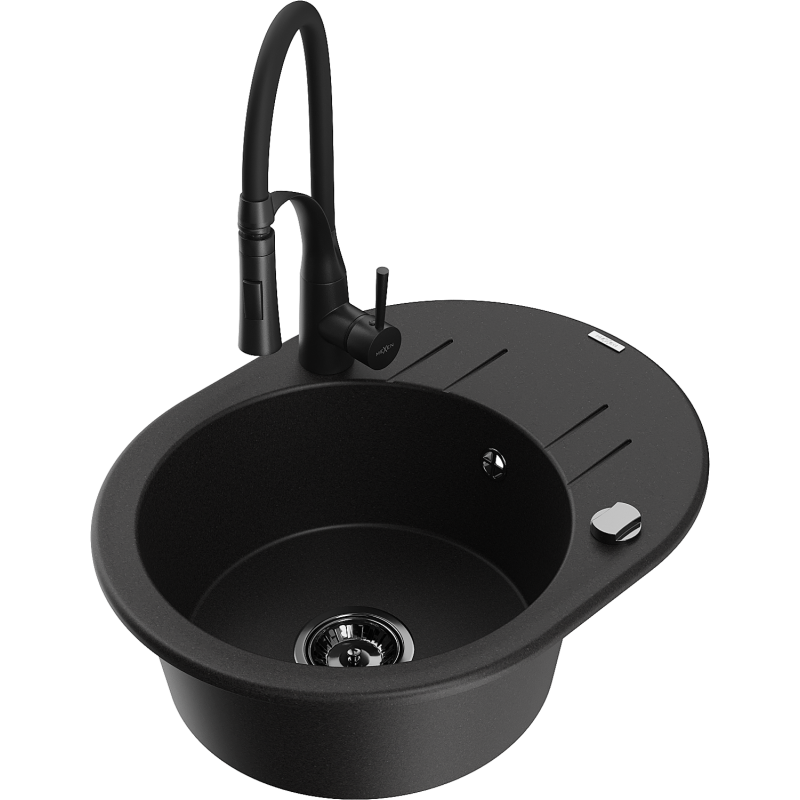 Mexen Kevin fregadero de granito de 1 seno con escurridor y grifo de cocina Aster, negro - 6517-77-73450-70-B