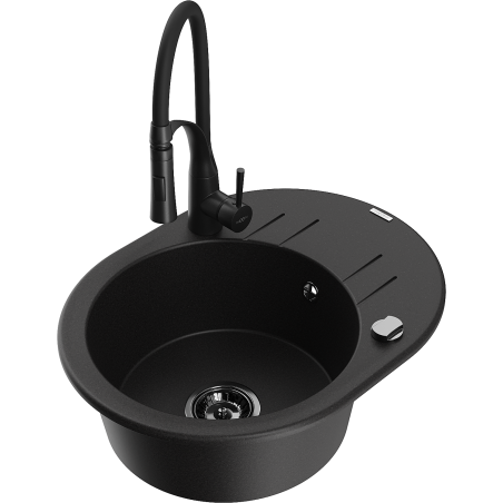Mexen Kevin granit kitchen sink, 1-bowl with drainer and Aster kitchen faucet, black - 6517-77-73450-70-B