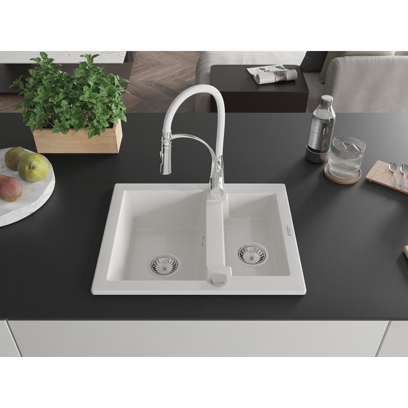 Mexen Carlos 1.5-bowl granite sink with Aster kitchen tap, white - 6518-20-73450-02
