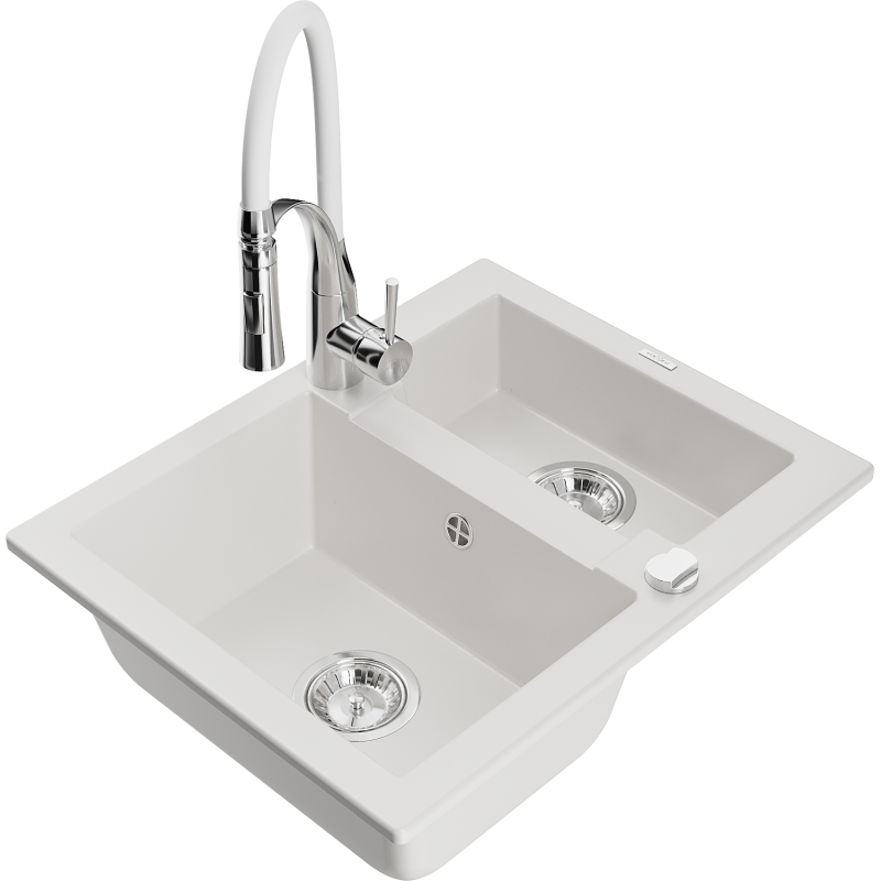Mexen Carlos fregadero de granito de 1,5 senos con grifo de cocina Aster, blanco - 6518-20-73450-02