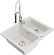 Mexen Carlos granieten gootsteen 1,5-komers met keukenmengkraan Aster, wit - 6518-20-73450-02