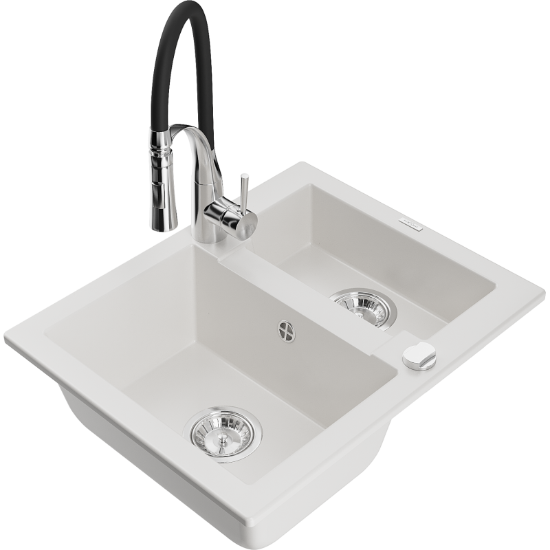 Mexen Carlos lava-loiça em granito 1,5-câmara com torneira de cozinha Aster, branco - 6518-20-73450-07