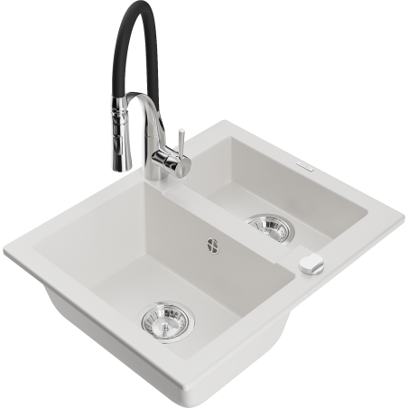 Mexen Carlos granieten gootsteen 1,5-kamer met Astermengkraan, wit - 6518-20-73450-07