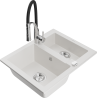 Mexen Carlos fregadero de granito de 1,5 cuencas con grifo de cocina Aster, blanco - 6518-20-73450-07