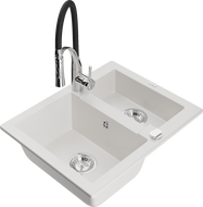 Mexen Carlos granite sink 1.5-bowl with Aster kitchen faucet, white - 6518-20-73450-07